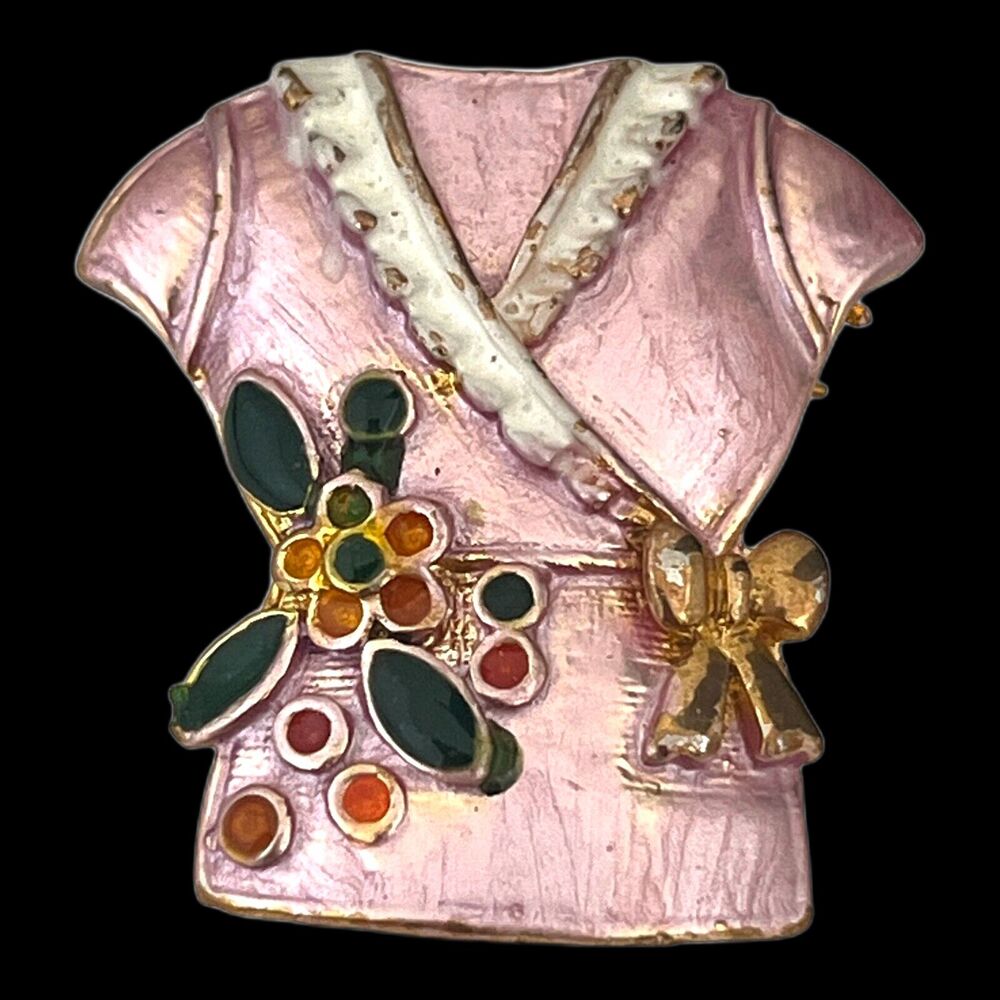 Vintage 1980s Enamel Asian Jacket Brooch Pink Gold Tone Kimono Figural Pin - 5D